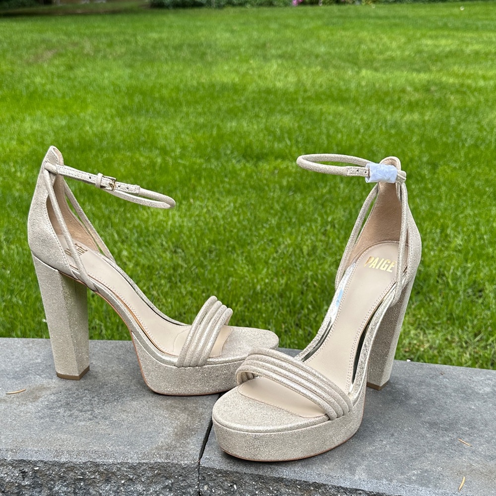 PAIGE Champagne Glitter Platform Block-Heel Sandals